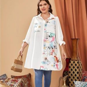 BRAND NEW plus floral and figure graphic pocket patch knot cuff shirt